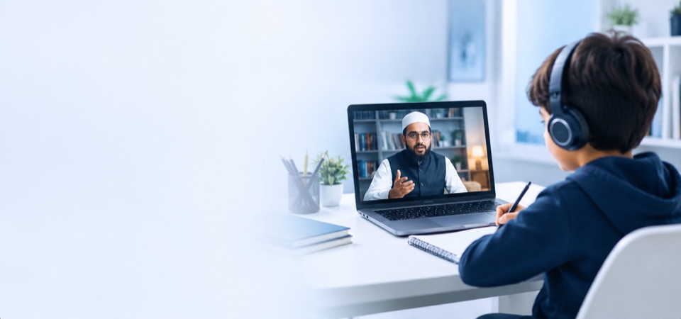 A student in headphones taking a live 1-on-1 online lesson, with the teacher on the laptop screen