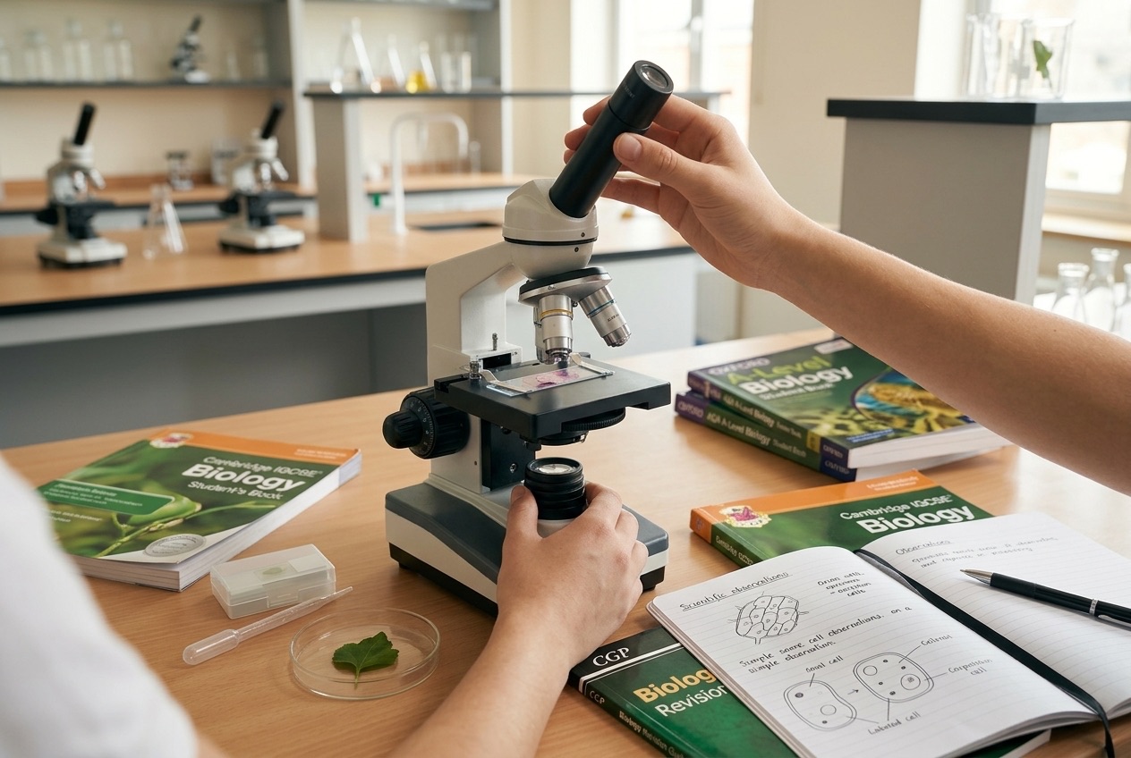 A student adjusting a microscope, with biology textbooks and observation notes
