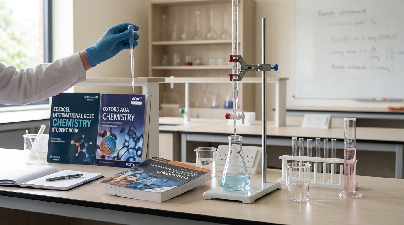 Chemistry glassware and a burette on a lab bench, with textbooks and a notebook