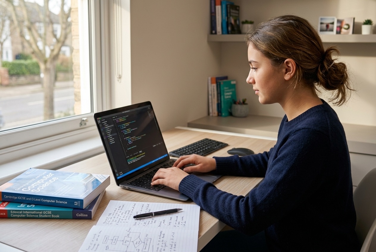 A student writing code on a laptop at a desk at home