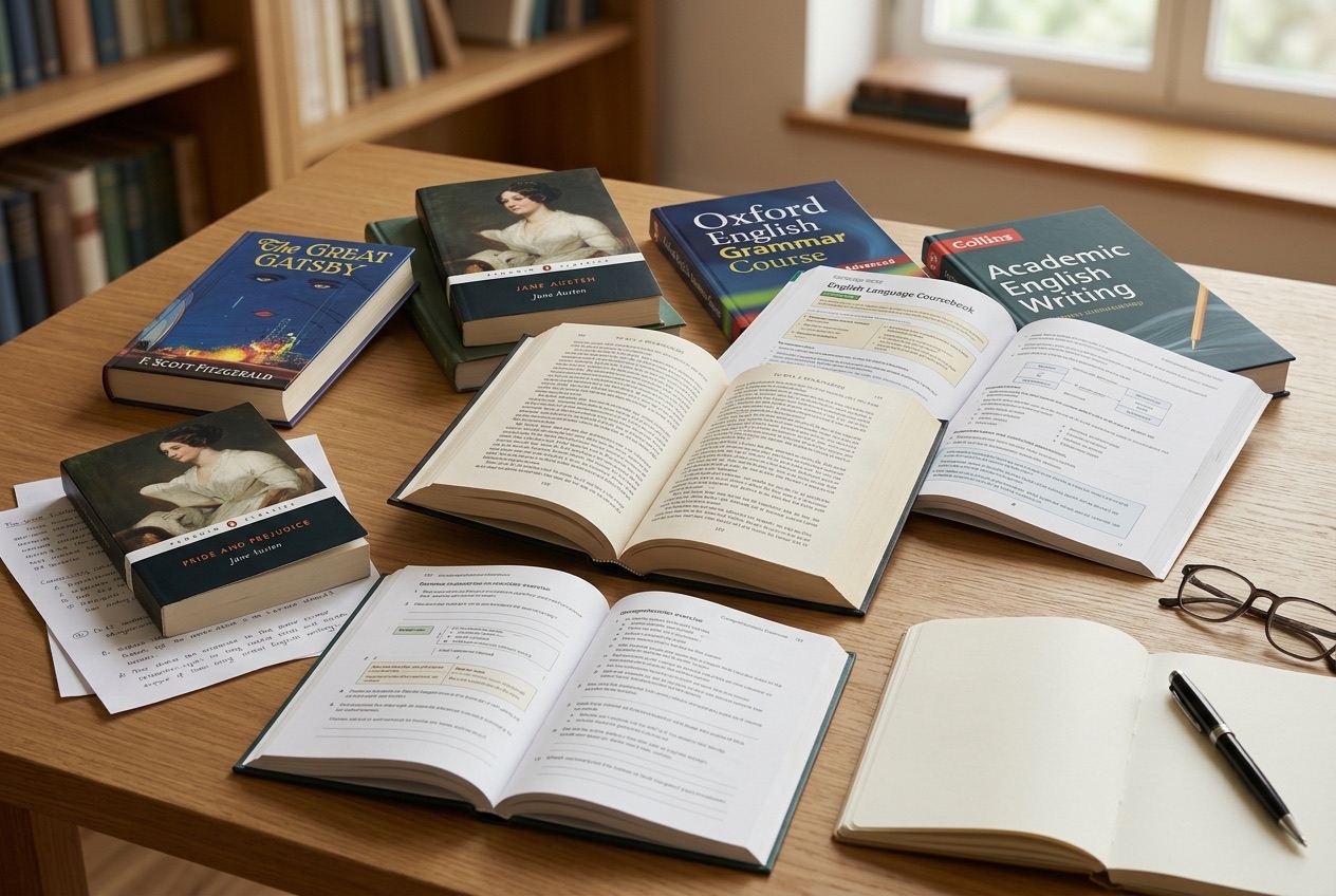 Novels, English coursebooks and a notebook spread across a study desk