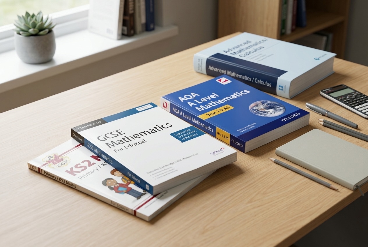 Mathematics textbooks, a calculator and pencils on a study desk