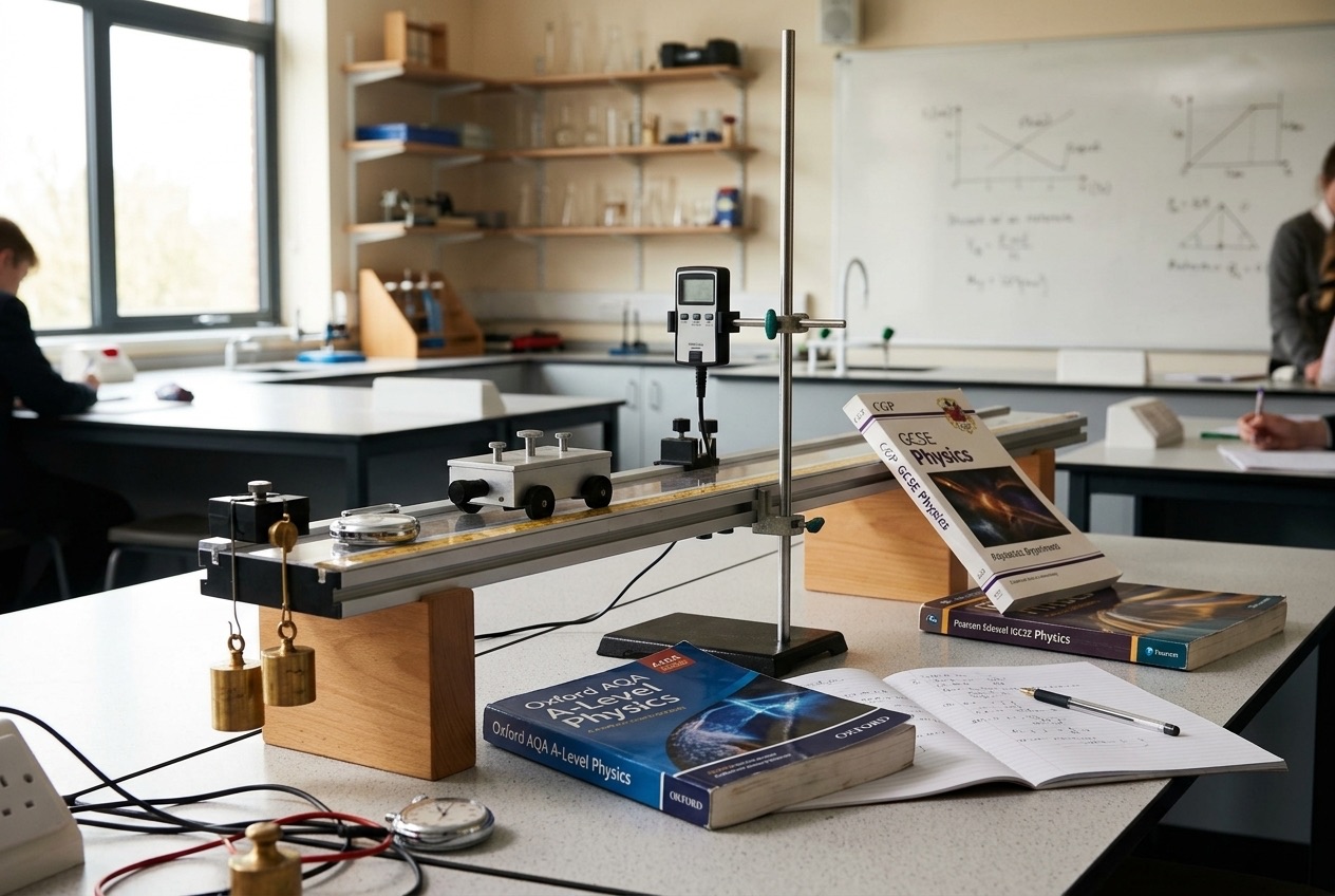A physics experiment with a trolley on a ramp, beside textbooks and a notebook